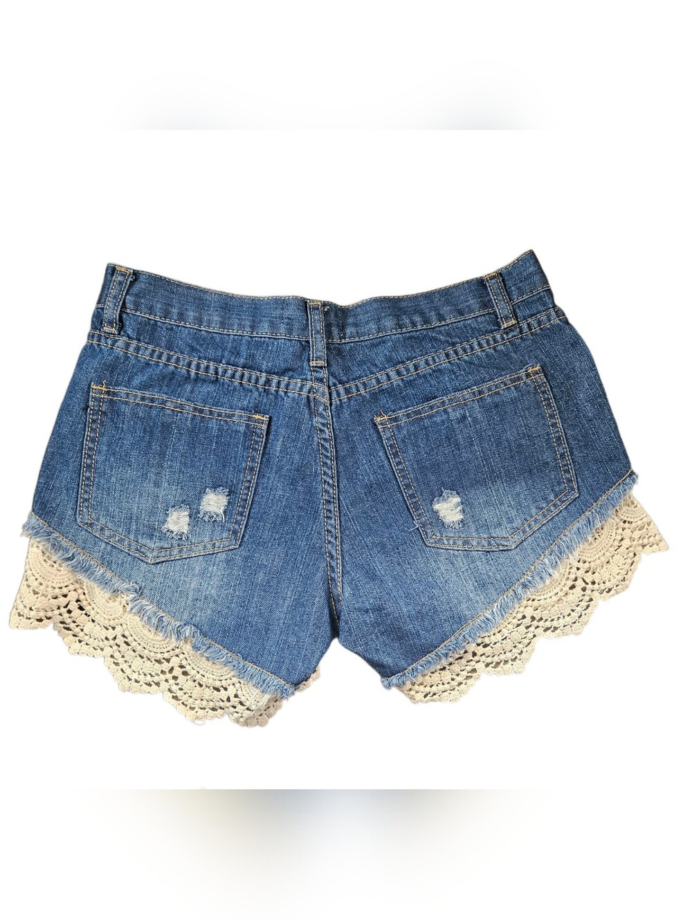 Listicle Boho Distressed Denim Shorts Crochet Lace Trim Blue Size S - Picture 3 of 5